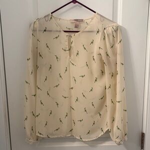 Forever 21 Cream Blouse with Green Cockatoo Bird Pattern - XS in Love 21